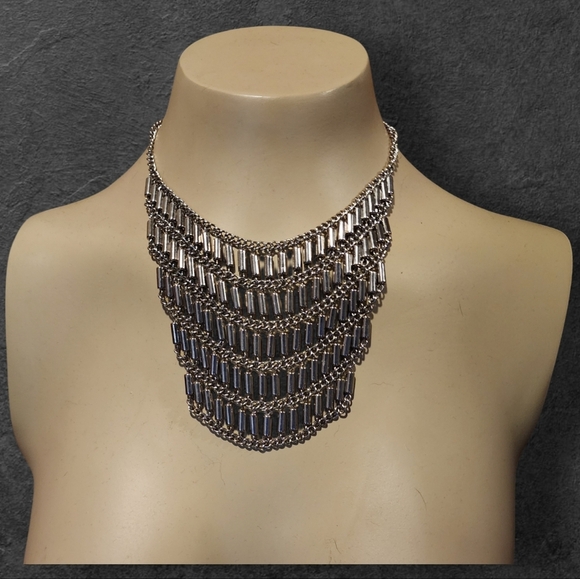 Layered Chain Statement Necklace with Cylindrical Accents - Picture 1 of 6